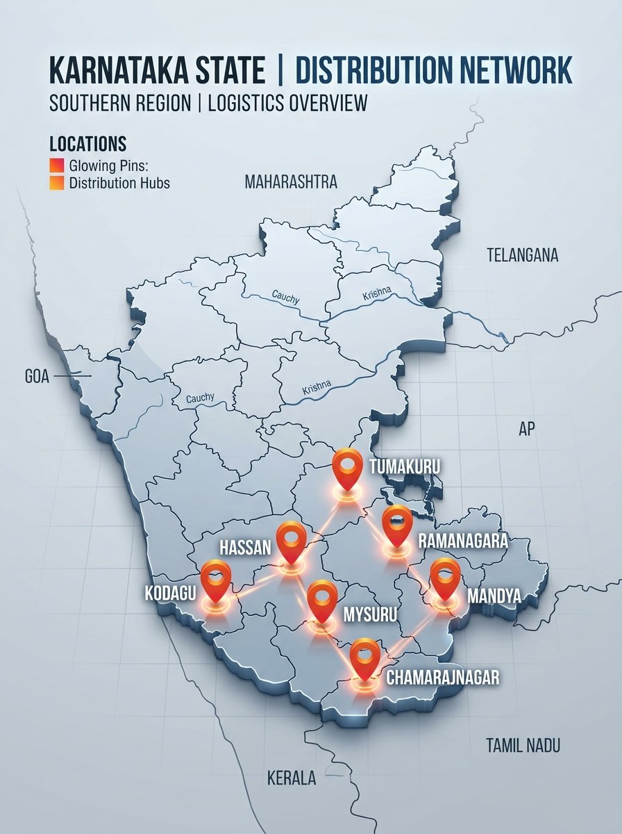 3D Infographic Map of Karnataka showing Tumakuru, Ramanagara, Hassan, Mandya, Mysuru, Kodagu, and Chamarajnagar